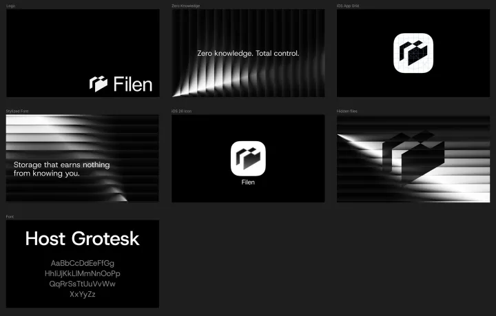 Filen brand system overview with logo, typography, and motion panels