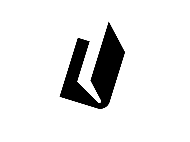 Black angular logo mark centered on a white background